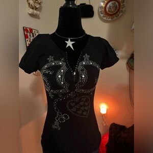 Y2k Rhinestone black and Silver top